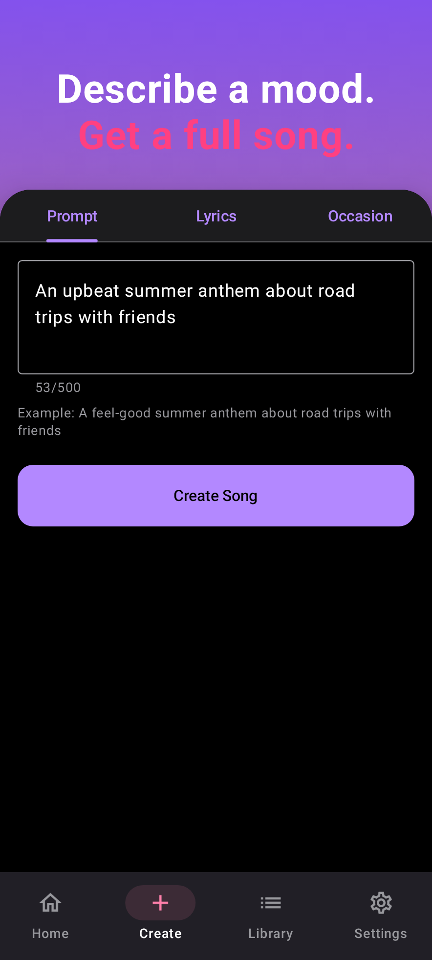 AI Song Generator create screen